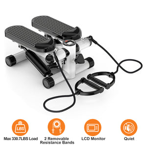 Mini Fitness Stepper with Resistance Bands & LCD Monitor | Quiet Portable Stair Stepper for Full Body Workout, Max 330lbs Load
