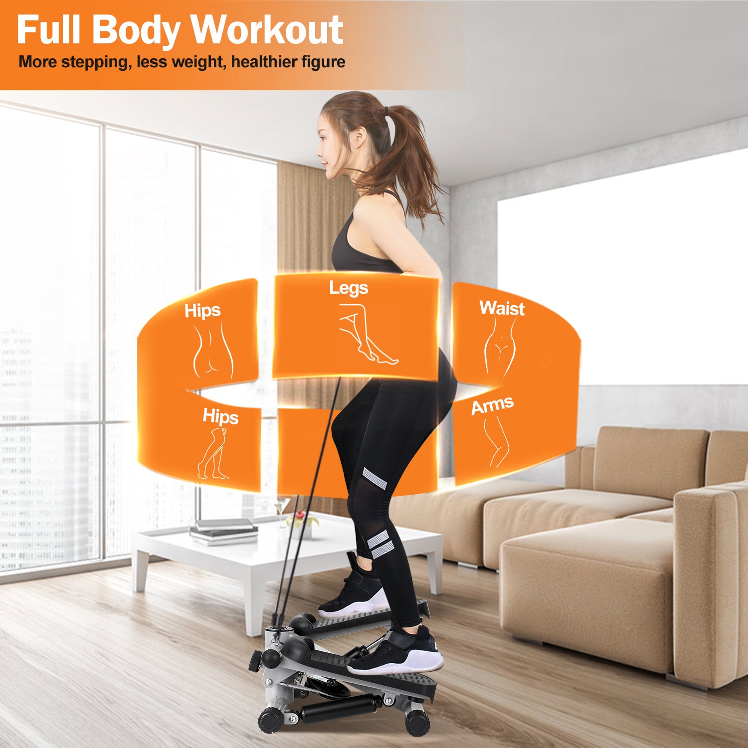 Mini Fitness Stepper with Resistance Bands & LCD Monitor | Quiet Portable Stair Stepper for Full Body Workout, Max 330lbs Load