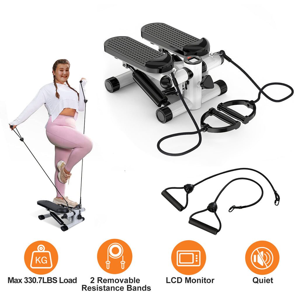 Mini Fitness Stepper with Resistance Bands & LCD Monitor | Quiet Portable Stair Stepper for Full Body Workout, Max 330lbs Load