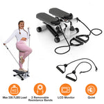 Mini Fitness Stepper with Resistance Bands & LCD Monitor | Quiet Portable Stair Stepper for Full Body Workout, Max 330lbs Load