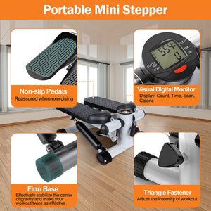 Mini Fitness Stepper with Resistance Bands & LCD Monitor | Quiet Portable Stair Stepper for Full Body Workout, Max 330lbs Load